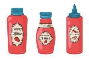 Sammlung verschiedener Tomatenketchups. satz bbq-saucenflasche isoliert. vektorkarikaturillustration für grillkartendesign, sommerpicknick