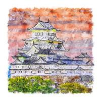 himeji slott japan vattenfärg skiss hand dragen illustration vektor