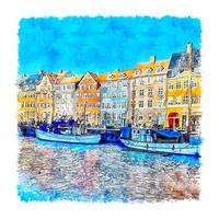 köpenhamn danmark akvarell skiss handritad illustration vektor