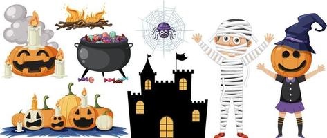 uppsättning av halloween tecknad serie tecken och element vektor