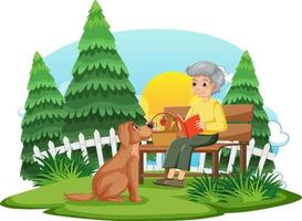 alte Frau, die mit einem Hund auf einer Bank sitzt vektor