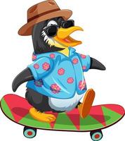 söt pingvin tecknad serie karaktär skateboard vektor