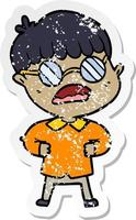 Distressed Sticker eines Zeichentrickjungen mit Brille vektor