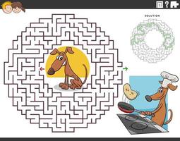 labyrinthspiel mit karikaturhund, der pfannkuchen macht vektor