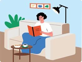 ung kvinna läsning en bok på de soffa och dricka te. mysigt kväll på Hem. platt vektor illustration.