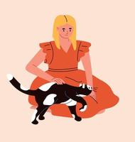 kvinna petting korthårig svart och vit katt. katt ägare. sällskapsdjur tecknad serie platt vektor illustration.