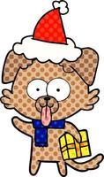 serietidning stil illustration av en hund med julklapp bär tomte hatt vektor