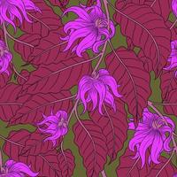 Vektornahtloses beiges Muster mit rosafarbenen Ylang-Ylang-Blüten auf purpurroten Ästen vektor