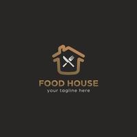 Premium-Food-House-Logo mit Haus-, Gabel- und Messersymbol in goldfarbener, eleganter Premium-Stilfarbe vektor