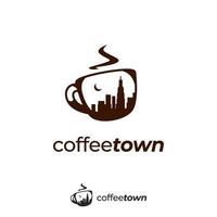 kaffeetassenlogokaffeestadtlogo mit wolkenkratzersilhouette der stadt innerhalb der bechersymbolsymbolillustration vektor