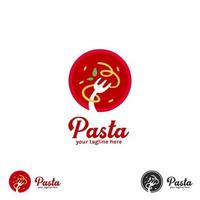 Spaghetti-Pasta-Nudel-Logo mit Teller-Rundform-Symbol, Gabel und grünem Blatt vektor