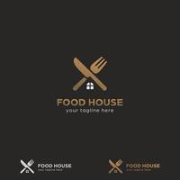 premie guld mat hus Hem catering restaurang bistro logotyp med korsade kniv och gaffel med Hem fönster ikon symbol form vektor