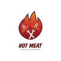 Logo des heißesten Steakrestaurants. heißes grillsteakfleischlogo mit feuersymbolikonenillustration vektor