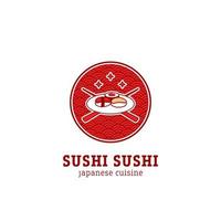 japanische sushi-logo der asiatischen küche auf platte mit kreuzessstäbchen und asiatischem rotem rundem musterhintergrund vektor
