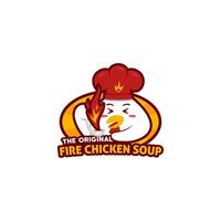 Chili Hot Chicken Soup Logo mit niedlichem Hühnerkoch, der Schöpfkelle mit Feuerflammensuppenillustration hält vektor