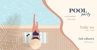 Werbebanner für eine Poolparty mit Platz für Text. mädchen im badeanzug entspannen, sonnenbaden, ihren urlaub genießen. Vektor