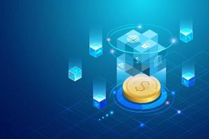 Blockchain-Finanzsicherheitstechnologie, die digitale Bankdienstleistungen mit Geld mit sicherer Transaktion verbindet. Online-Austausch und Übertragung von Sicherheitsfinanzdaten im futuristischen Hintergrund.