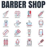 barberare affär baner webb ikon uppsättning. cologne spray, rakapparat blad, spegel, lotion, barberare Pol, kaffe kopp och Mer vektor illustration begrepp.