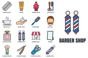 Friseursalon-Banner-Web-Icon-Set. kölner spray, rasierklinge, spiegel, lotion, friseurstange, kaffeetasse und mehr vektorillustrationskonzept. vektor