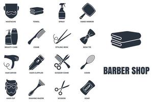 Friseursalon-Banner-Web-Icon-Set. Rasiermesser, Seife, Handtuch, Handspiegel, Schnurrbart, Schere, Haartrockner und mehr Vektorillustrationskonzept. vektor