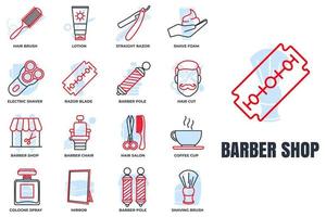 barberare affär baner webb ikon uppsättning. cologne spray, rakapparat blad, spegel, lotion, barberare Pol, kaffe kopp och Mer vektor illustration begrepp.