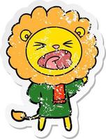 bedrövad klistermärke av en tecknad serie lejon i vinter- kläder vektor
