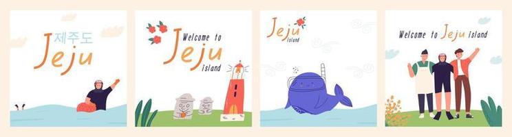 uppsättning av posters med symboler av jeju ö i söder korea, tecknad serie platt vektor illustrationer. söt barnslig val simning i hav. haenyeo kvinna dykning. koreanska inskrift av jeju ö.