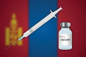 Spritze und Impfstofffläschchen auf unscharfem Hintergrund mit Mongolei-Flagge vektor