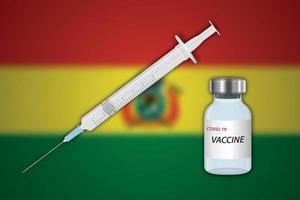 Spritze und Impfstofffläschchen auf unscharfem Hintergrund mit Bolivien-Flagge vektor
