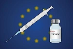 spruta och vaccin injektionsflaska på fläck bakgrund med europeisk union vektor