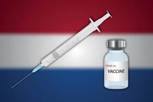 spruta och vaccin injektionsflaska på fläck bakgrund med nederländerna fla vektor