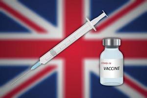 Spritze und Impfstofffläschchen auf unscharfem Hintergrund mit Großbritannien vektor