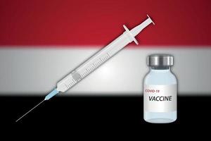 spruta och vaccin injektionsflaska på fläck bakgrund med jemen flagga, vektor
