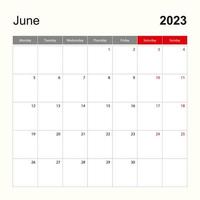 wandkalendervorlage für juni 2023. urlaubs- und veranstaltungsplaner, die woche beginnt am montag. vektor