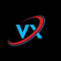 vx vx-Buchstaben-Logo-Design. Anfangsbuchstabe vx verknüpfter Kreis Monogramm-Logo in Großbuchstaben rot und blau. vx-Logo, vx-Design. vx, vx vektor
