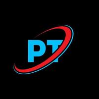 pt pt-Buchstaben-Logo-Design. Anfangsbuchstabe Pt verknüpfter Kreis Monogramm-Logo in Großbuchstaben rot und blau. pt-Logo, pt-Design. pt, pt vektor