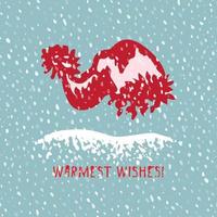 frohe weihnachten grußkarte mit handgezeichneter süßer strickmütze, vintage retro-designs mit text wärmsten wünschen. vektor