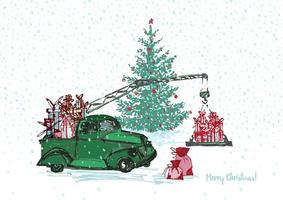 festliche Neujahrskarte 2018. grüner LKW-Kran mit Tannenbaum geschmückten roten Kugeln und Weihnachtsgeschenken isoliert auf weißem schneebedecktem Hintergrund vektor