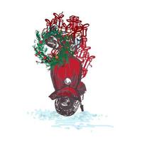 festlig jul kort. röd skoter med gran krans dekorerad röd bollar och gåvor isolerat på vit bakgrund vektor