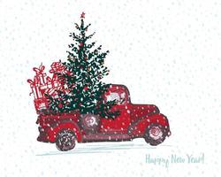 festlig ny år 2018 kort. röd lastbil med gran träd dekorerad röd bollar vit snöig sömlös bakgrund vektor