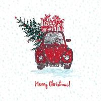 festliche weihnachtskarte. rotes auto mit tanne geschmückten roten kugeln und geschenken auf dem dach. weißer schneebedeckter nahtloser hintergrund und text frohe weihnachten vektor