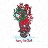 festlig jul kort. röd skoter med gran krans dekorerad röd bollar och gåvor. vit snöig sömlös bakgrund och text Lycklig ny år vektor