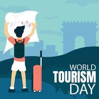 Illustrationsvektorgrafik eines Touristen, der eine Lagekarte hält, die ein Bergtal und eine Stadt zeigt, perfekt für Welttourismustag, Feiern, Grußkarten usw. vektor