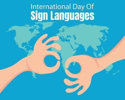 Illustrationsvektorgrafik eines Paars Hände, die Gebärdensprache demonstrieren, Weltkartenhintergrund zeigen, perfekt für internationalen Tag der Gebärdensprachen, Feiern, Grußkarten usw. vektor