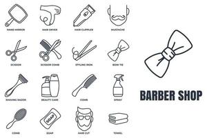 barberare affär baner webb ikon uppsättning. rakning rakapparat, tvål, handduk, hand spegel, mustasch, sax, hår torktumlare och Mer vektor illustration begrepp.