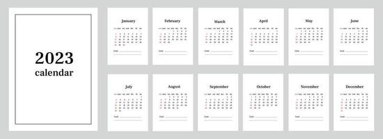 minimalistisk skrivbord kalender 2023 med med mål planera. vektor design på en vit bakgrund. vecka Start på söndag. uppsättning av 12 månader, omslag, affisch mall för a4 a3 a5 storlek.