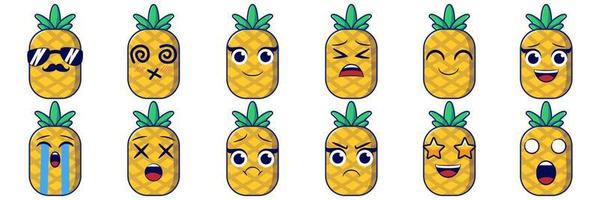 Ananas mit 12 Emoticons-Set vektor