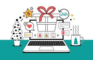 weihnachtsgeschenk-shopping-online-skizzen-stil-konzept. Weihnachts-Online-Shopping. Linie Cartoon-Vektor-Illustration mit Computerbildschirm mit Geschenkbox vektor