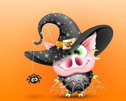 lustiges rosa süßes Cartoon-Schwein in einem glänzenden Hexenkostüm mit einer Spinne, die an einem Hut hängt, und mit einem Netzrock vektor