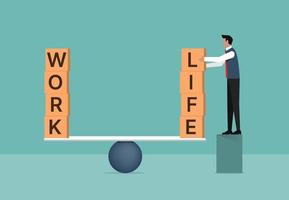arbete liv balans begrepp, affärsman sätta trä- kub blockera med arbete och liv på gungbräda vektor